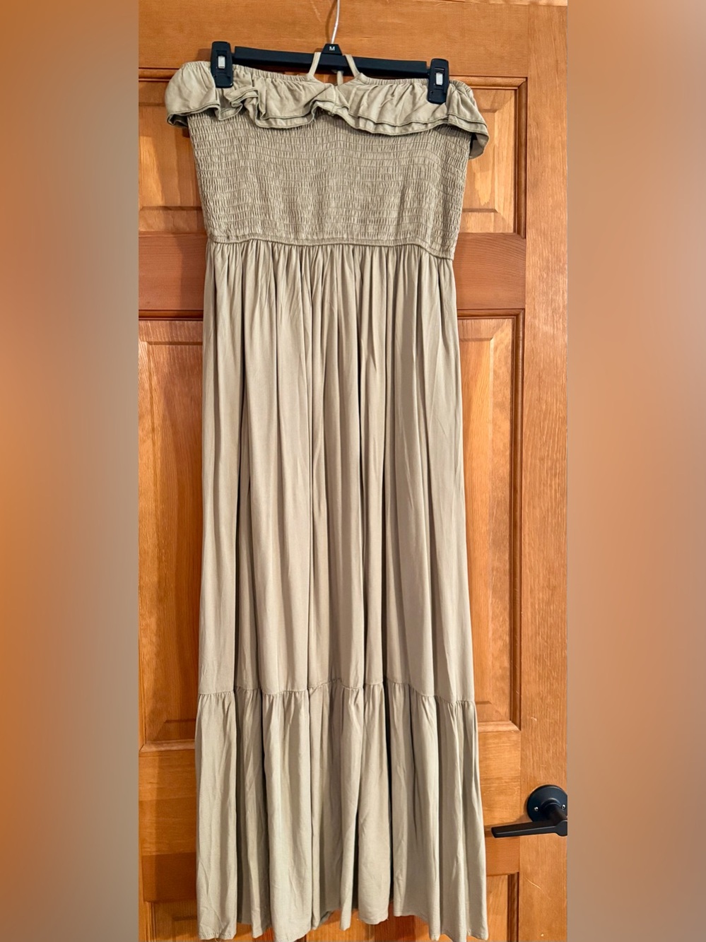 Strapless Ruffled Maxi Dress in Light Olive